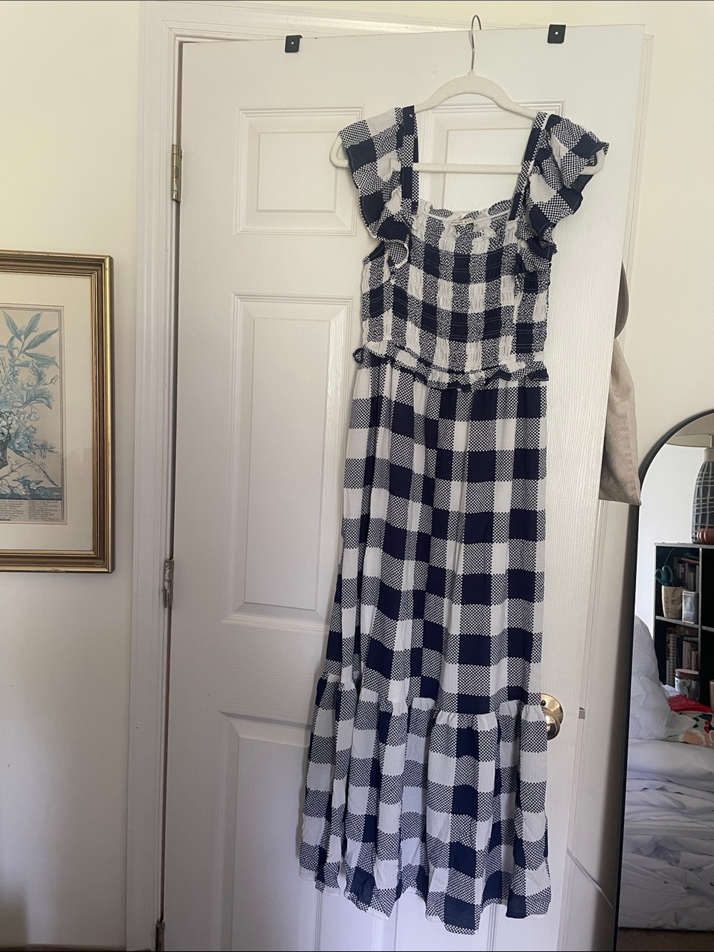 Moon River Navy and White Gingham Maxi Dress with Ruffle Straps
